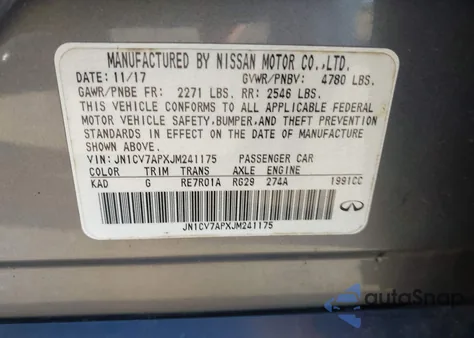 2018 Infiniti Q50 2.0T Pure из США, поврежденный, VIN JN1CV7APXJM241175